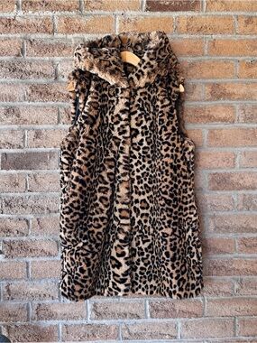 ZARA OUTERWEAR Leopard Faux Fur Hooded Longline Vest Gilet Animal Print